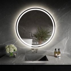 WISSMIELS LED Bathroom Mirror 24 Inch Round Bathroom Mirror With Lights, Circle LED Mirror, Wall Mounted Lighted Bathroom With 3 Colors Brightness, An