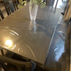 GREY WOOD DINING TABLE 4 CHAIRS 1 BENCH