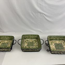 6pc Green Floral Bakeware Dishes and Metal Rack 