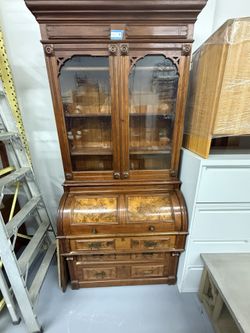 Antique Walnut Cylinder Secretary Desk 