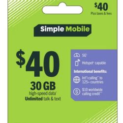 40$ E-Card Simple Mobile Wireless 