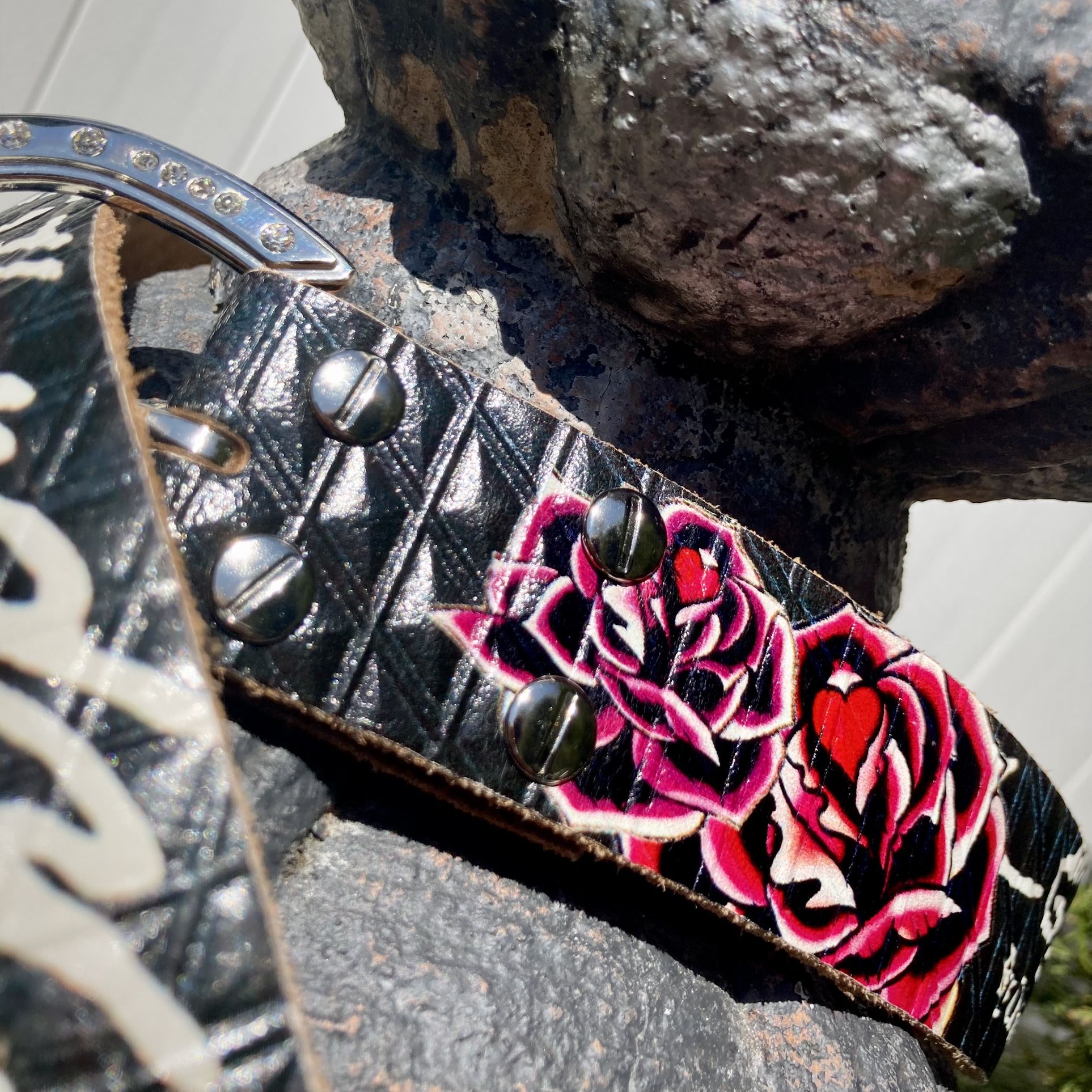 Ed Hardy Y2K black leather red roses/rhinestone bedazzled 