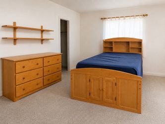 Solid Wood Full Captain’s Bed + Dresser + Bookcase Headboard