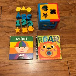 Battat Baby Blocks Shape Color Recognition Toys With Colorful Sorter Cube Box + 2 Baby Books Colors And My Little World Roar