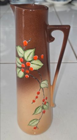 Vintage hand painted ceramic tall pitcher,10 inches tall,3 inch diameter,brown to beige gradient glaze,red berry and green leaf artwork,art deco handl
