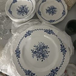 Vintage Dresden Blue Dinner Plates Bowls Cake Plates Set Of 4
