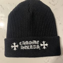 Black Knit Beanie w/ White Gothic Logo & Cross Design