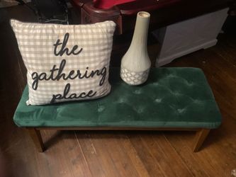 Must go ASAP Pick Up TODAY Green bench with wood legs for decor or end of bed Etc. Ceramic vase and throw pillow.