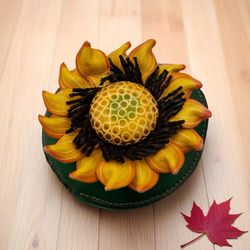 Hand Made Embossed 100% Leather Sunflower Coin Purse Wrist Bag Zip Close