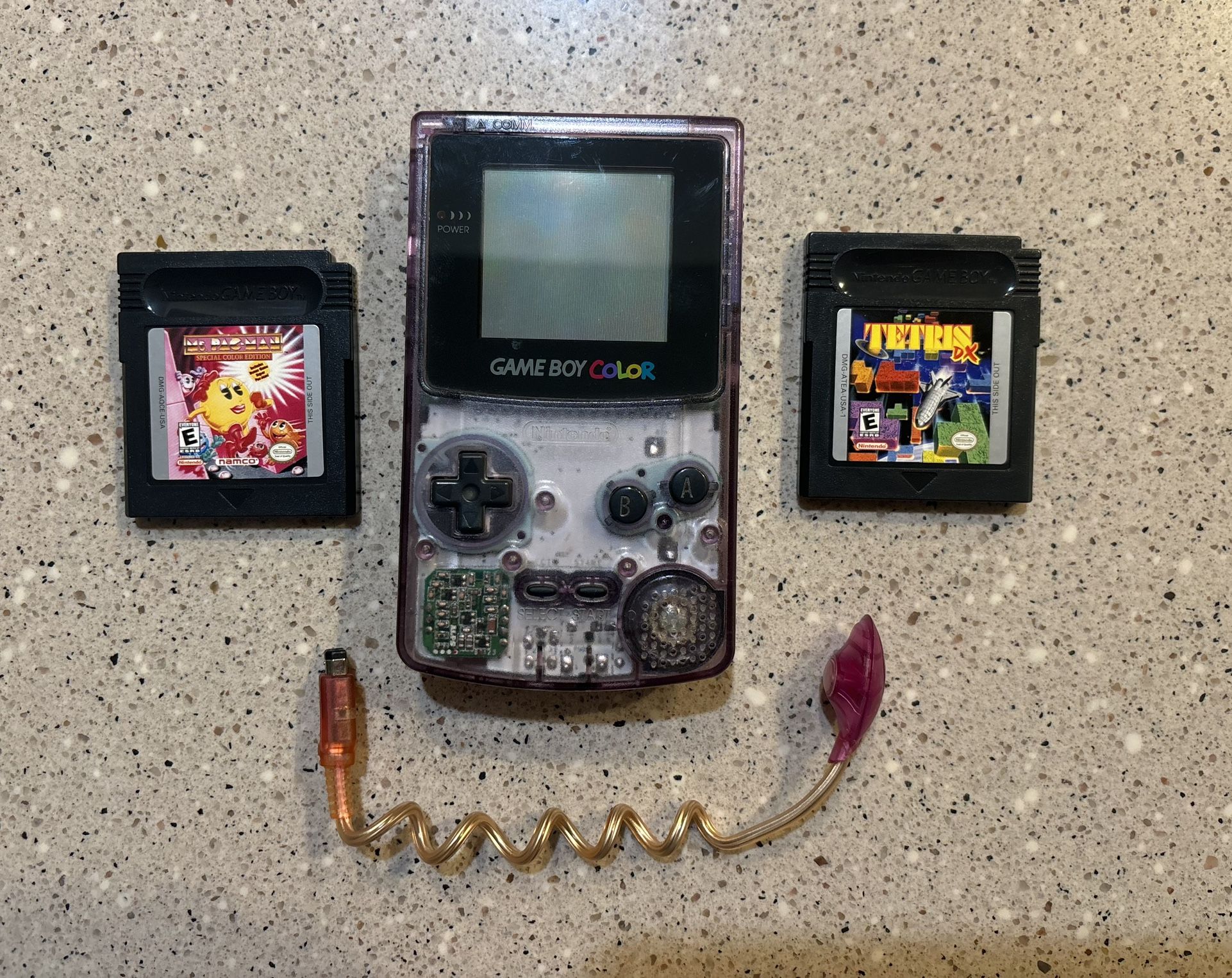 Nintendo Game Boy Color + Tetris & Ms. Pac Man game cartridges + Worm Light
