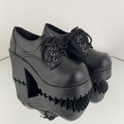 SODA Vintage Y2K Black Faux Leather Chunky Platform Lace Up Heeled Oxford Shoes