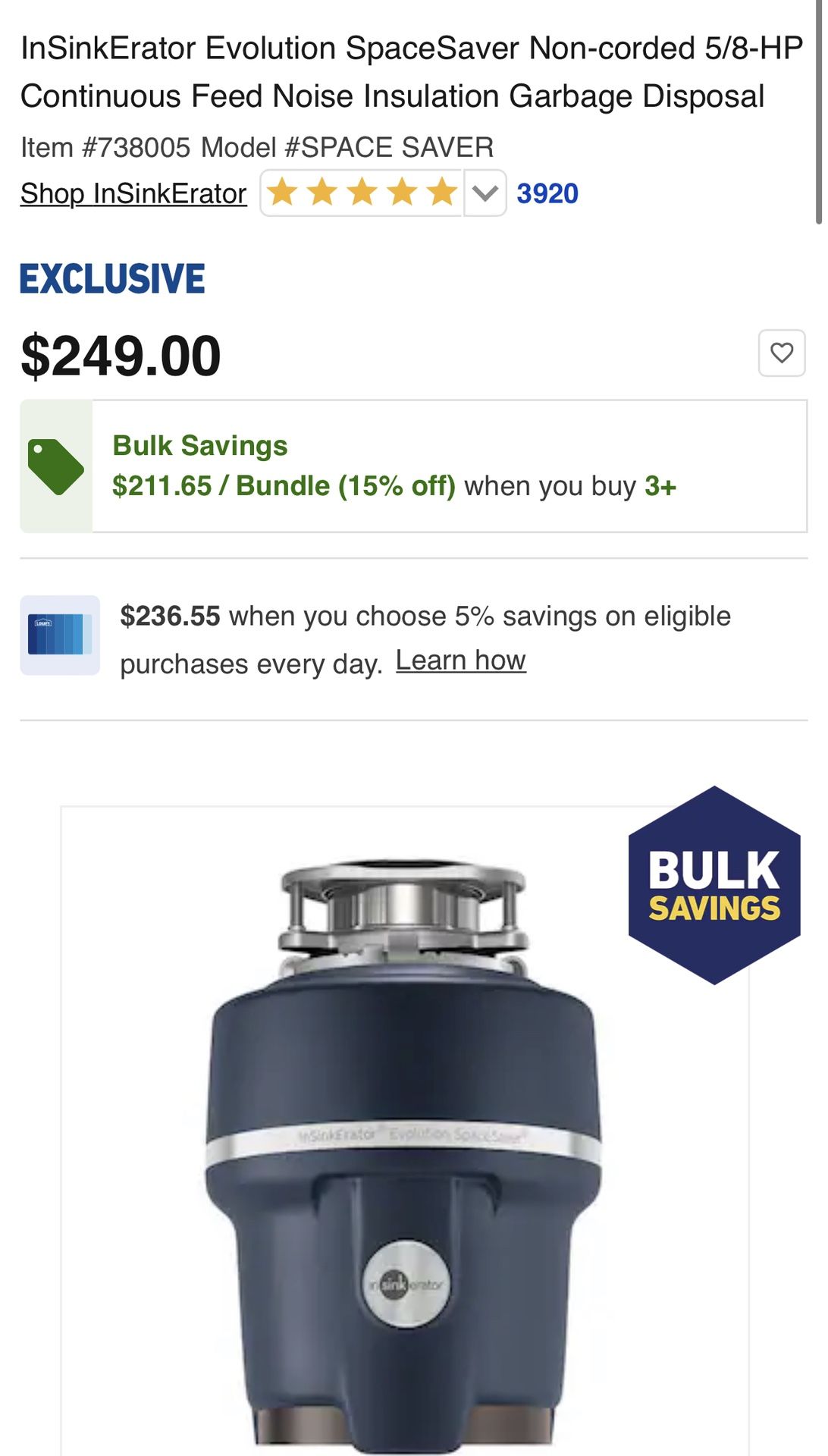 InSinkErator Evolution SpaceSaver Non-corded 5/8-HP Continuous Feed Noise Insulation Garbage Disposal
