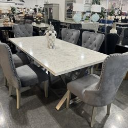 7 PIECE GRAY MARBLE DINING SET WITH STEEL BASE AND VELVET CHAIRS