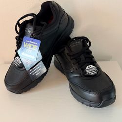 Skechers Women's Work Relaxed Fit: Nampa - Wyola slip-resistant shoes featuring a solid black smooth leather-textured   Size: 7.5