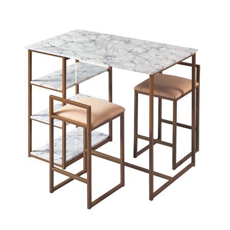 Versanora Marmo Breakfast Table Set with 2 Stools, Marble/Brass Gold - 