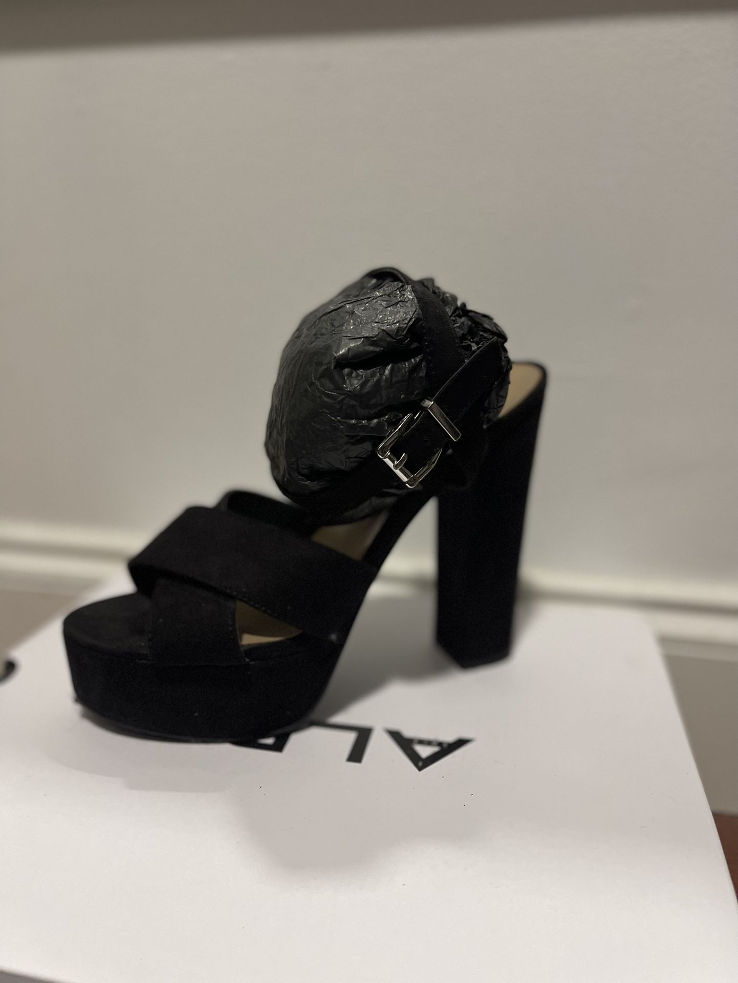 Black suede strap prep toe heels