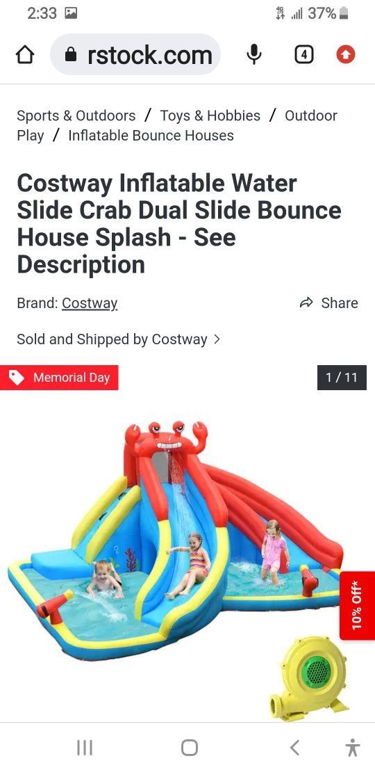 Costway Inflatable Water Slide Crab Dual Slide Bounce House Splash PoolÂ
With