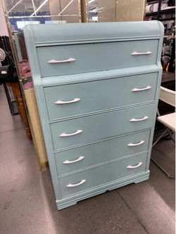 Vintage Art Deco Waterfall Tallboy Dresser – 5 Drawer Chest – Solid Wood with Dovetail Drawers
