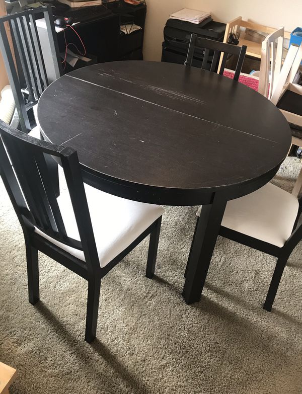 Dining table, Bjursta extendable table with 4 chairs, IKEA black brown