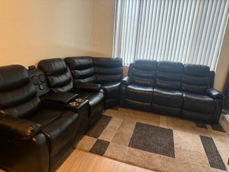 Black Leather Power Recliner Sofa with Console