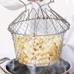 1pc Stainless Steel Folding Fry Basket Circular Strainer For French Fries/Chicken Wings, Drainage Basket For Frying Food,Kitchen,Summer Beach Party,Fo