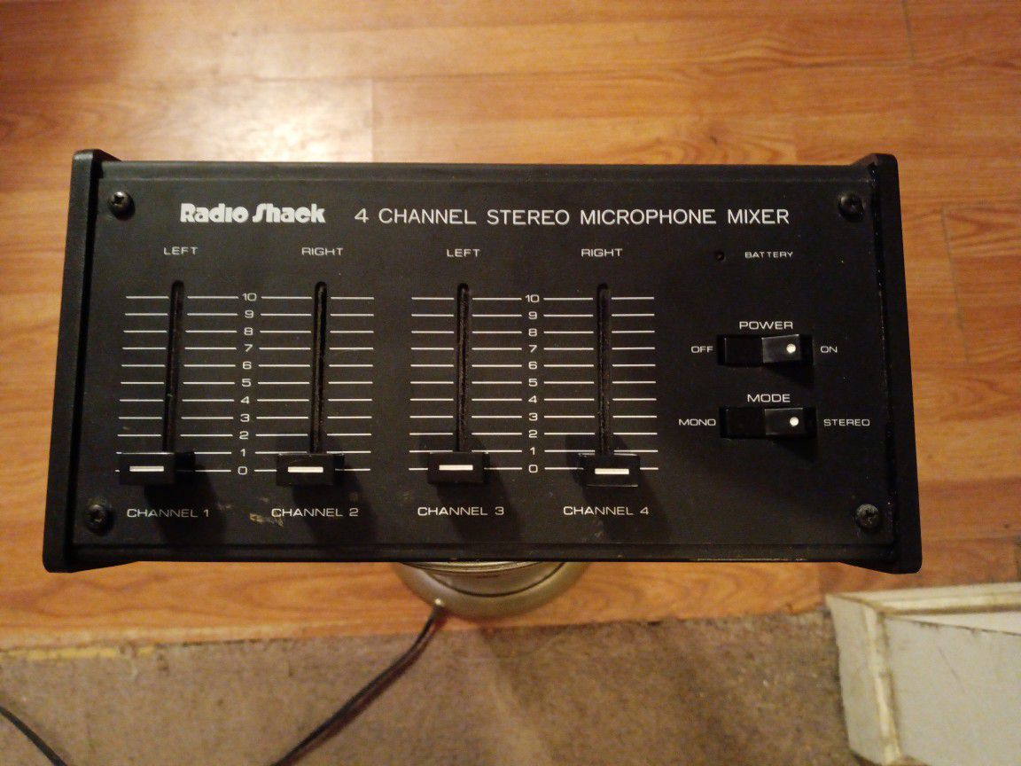 Radio Shack#4-channel stereo microphone mixer(#9-volt battery powered)