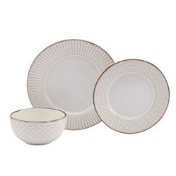 Tabletops Gallery 12 Piece Monroe in Cream Stoneware Embossed Rimmed Round Dishes Service for 4 Dinner Salad Appetizer Dessert Plate Bowls