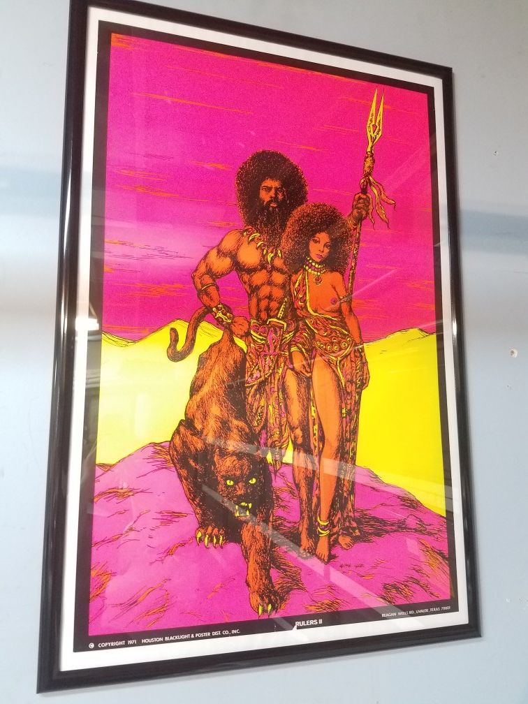 Large Framed Vintage Psychedelic Blacklight Poster, Black Panther, Black Power 60s 70s