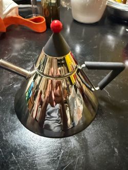 Postmodern Stainless Steel Teapot with Red Ball Knob & Mesh Infuser