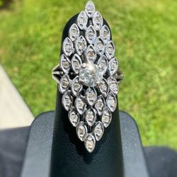 Art Deco Vintage 925 sterling silver 0.70CTW Natural Diamond & Round cut Navette ring sz 5.00