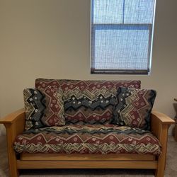 Solid Oak Sofa/Small Futon With Cushion And Pillows 