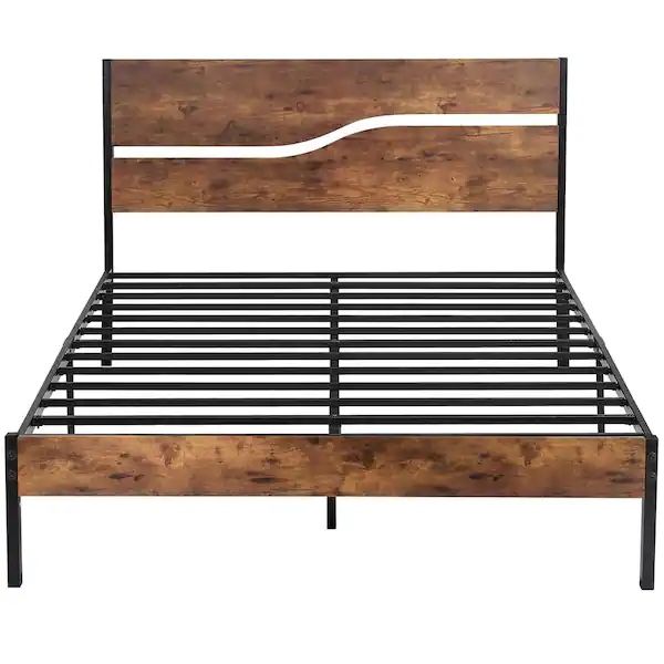 Queen Metal Platform Bed Frame with Wooden Headboard Platform