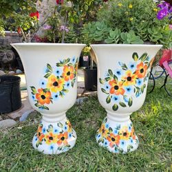 Talavera White Urns Blue and Orange Flowers. Clay Pots. Planters. Plants, Pottery $65 cada una