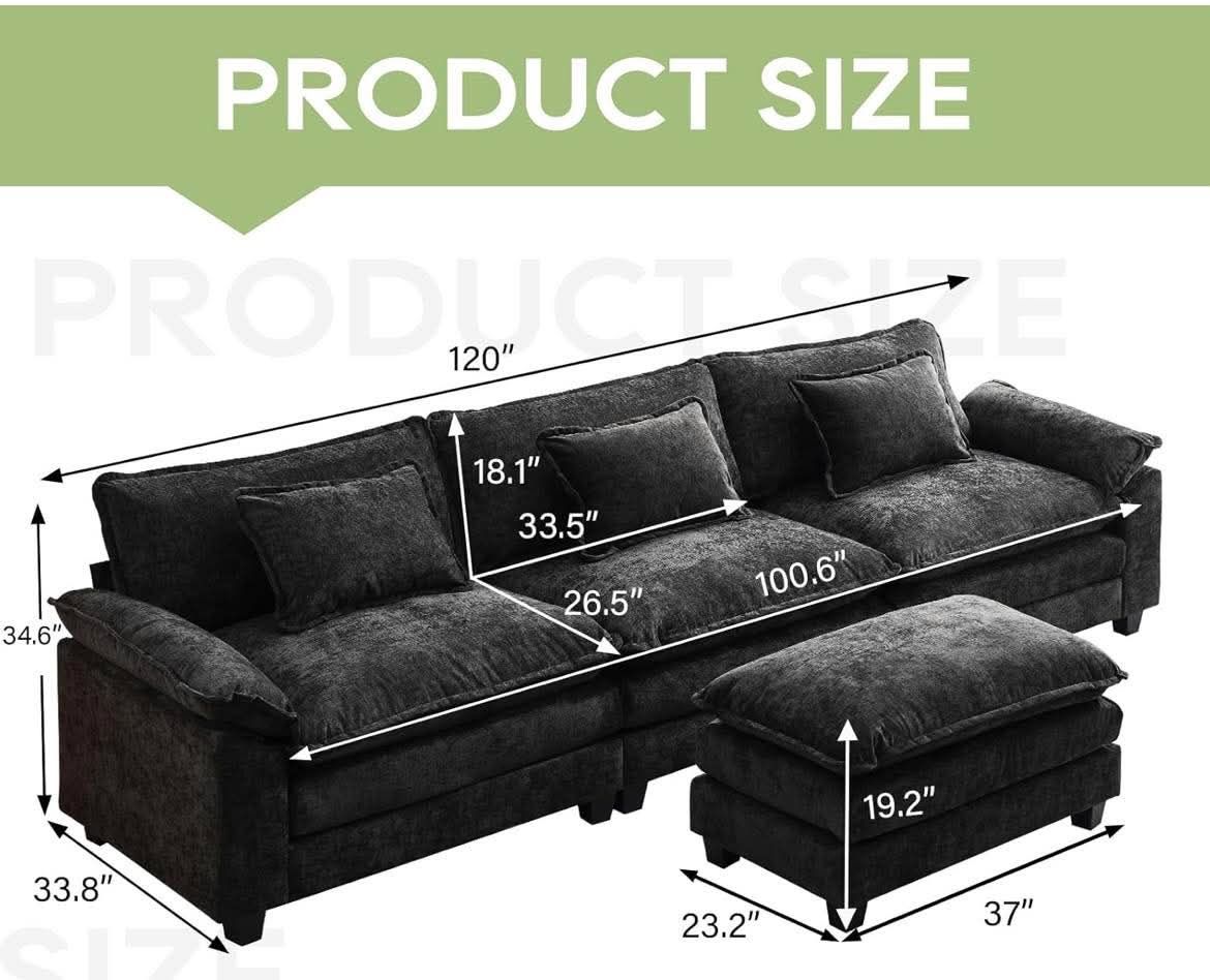 NEW - 120" Modular Sectional Sofa, Comfy Cloud Couch Sectional Sofa with Ottoman, Chenille Sofa Sleeper Deep Seat Sofa for Living Room
