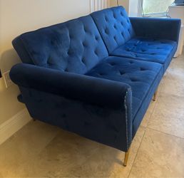 Blue Velvet convertible Sofa with Gold Legs