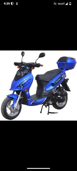 Blue Gas Moped Scooter with Rear Top Box