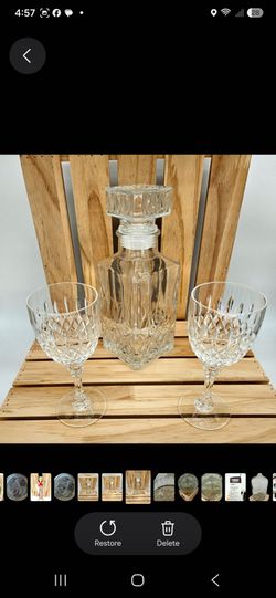 Clear Cut Glass Decanter with 2 Stem Glasses