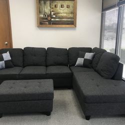 Charcoal Linen Sectional Couch With Storage Ottoman
