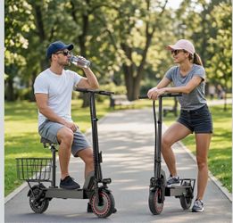 WERHY 500W Electric Scooter with Seat and Basket, Front and Rear Suspension 20 MPH & 21 Miles Range, 10 Inch Solid Tires, Foldable Commuter E-Scooter