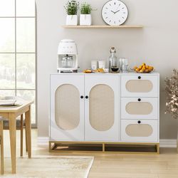 3 Drawers Accent Storage Cabinet, 34.2"H Gold Buffet Sideboard with Rattan Doors for Living Room, White