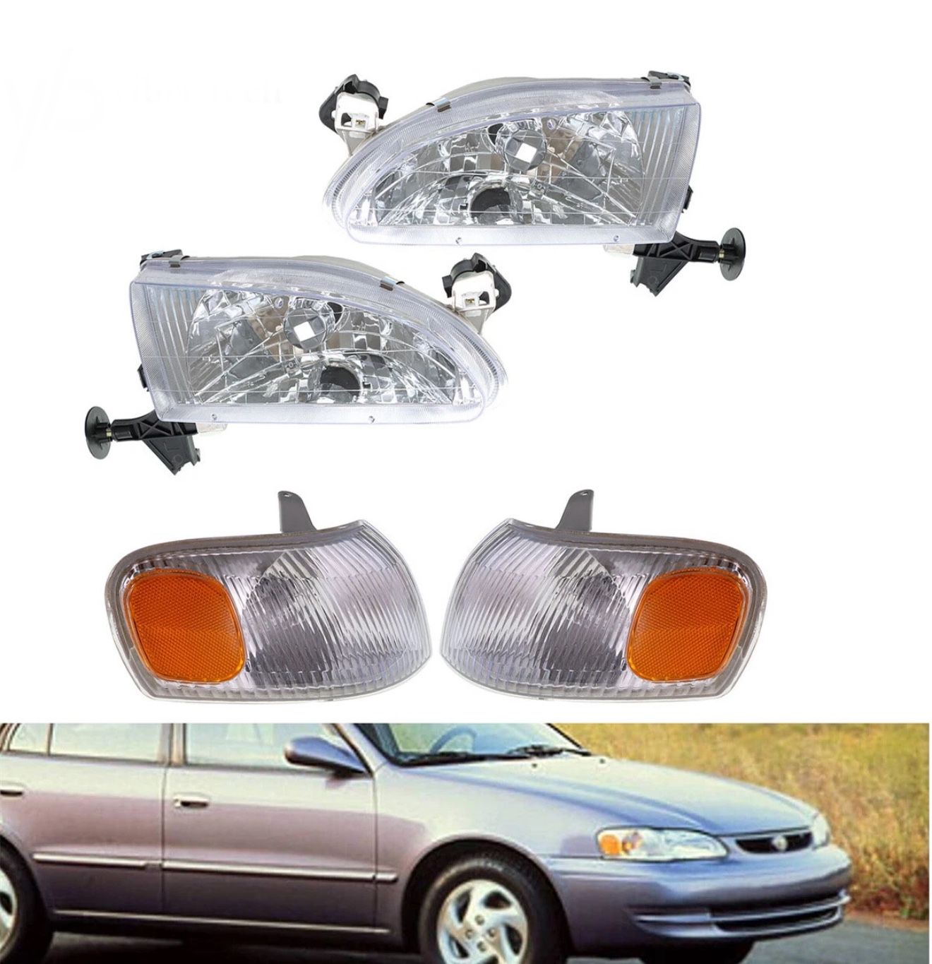Pair 1998 1999 2000 Toyota Corolla Headlights Headlamp Corner Parking Lights Kit Left Right Side