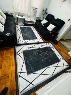 Set of 2 Black White Border Area Rug, Marble Pattern Indoor Rugs Non-Slip Machine Washable