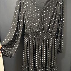 Madison + Hudson Black Polka Dot Mesh Dress Size M Smocked Waist Ruffle Hem
