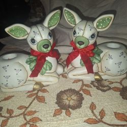 Vintage 1987 Geo Z Lefton Set Of Two Christmas Deer Candle Holders C5T059