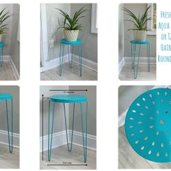Freshly Painted Aqua Metal Stand or Table with 3 Hair Pin Legs & Round Decorative Top 