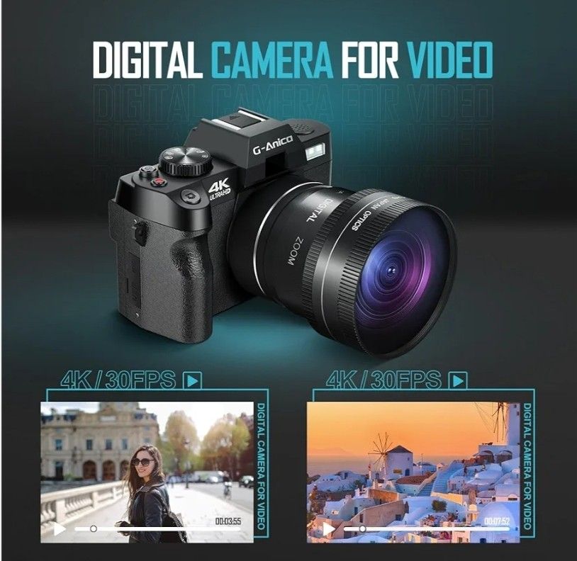  Digital 4K Ultra HD 48MP Camara Vlogging Todo en uno con Lente Gran
Angular, Zoom Digital Pantalla de 16x y 3"