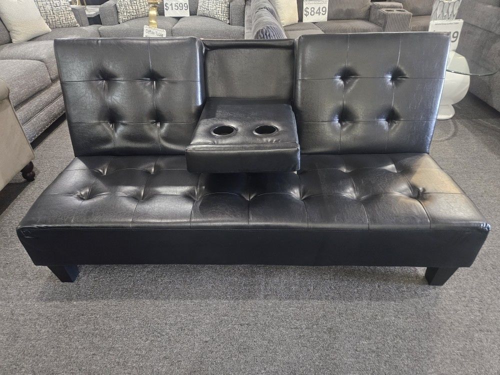 Brand New 78" x 44" Black Faux Leather Sofa Futon With Cup Holders