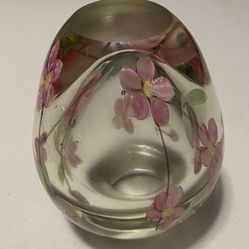 VINTAGE GLASS EGG SHAPED PAPER WEIGHT PINK FLORAL