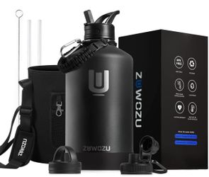 1 Gallon Water Bottle Insulated with Straw,Paracord,Carrying Pouch&3 Lids,Double Walled Stainless Steel Water Bottles,Gallon Water Jug Perfect for Hot