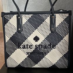 Kate Spade Ella Large Tote Navy Blue Woven Gingham Shoulder Bag